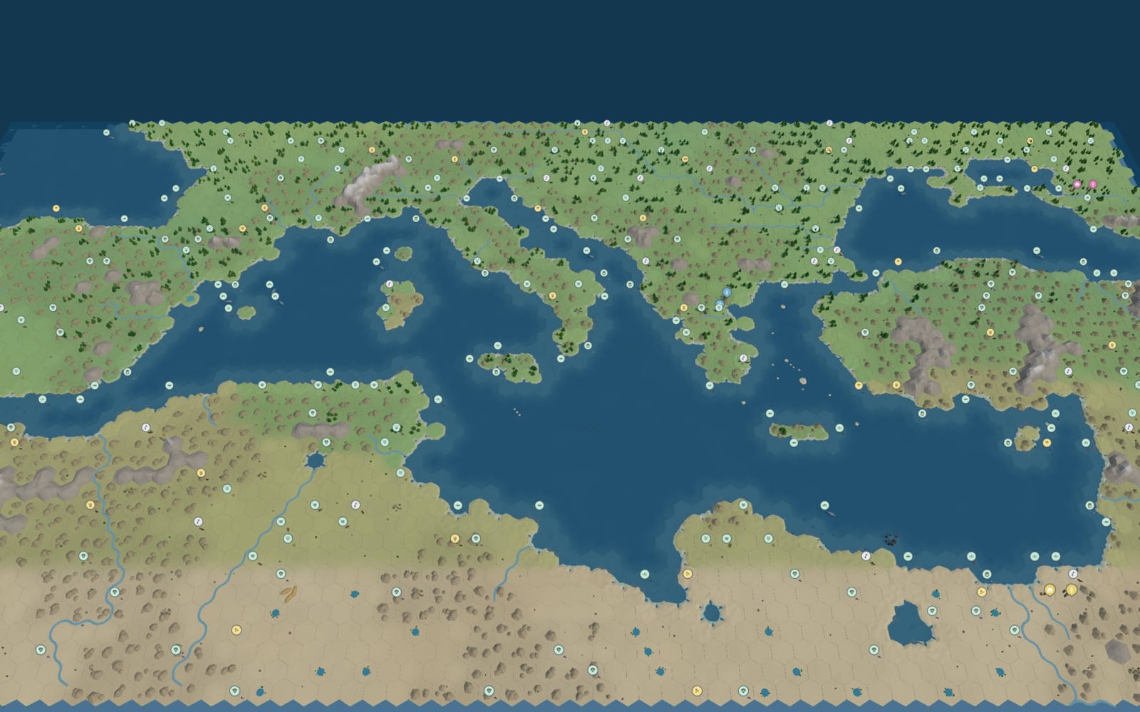 The Mediterranean as a flat hex map
