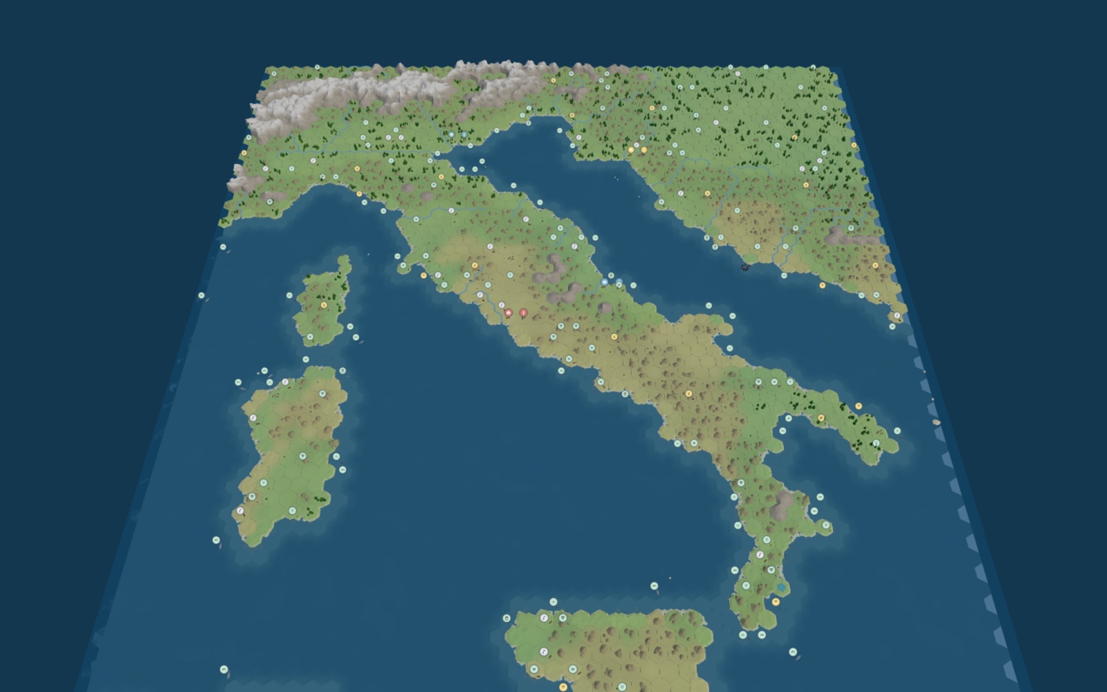 Italia as a flat hex map